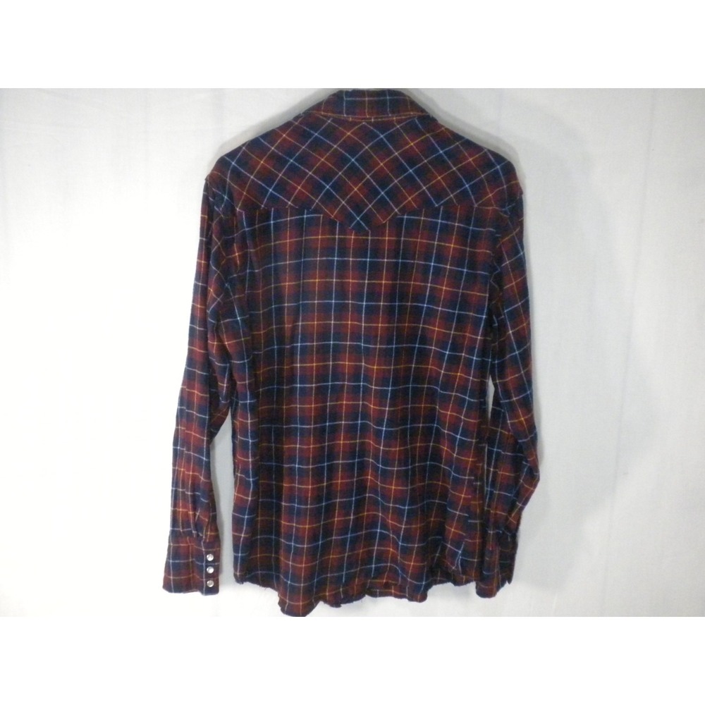 Wrangler Shirt Mens L Red Blue Plaid Pearl Snap Flannel Yoke Raw Hem Western - Picture 4 of 8
